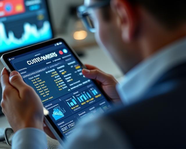 Business owner analyzing customer data on a tablet