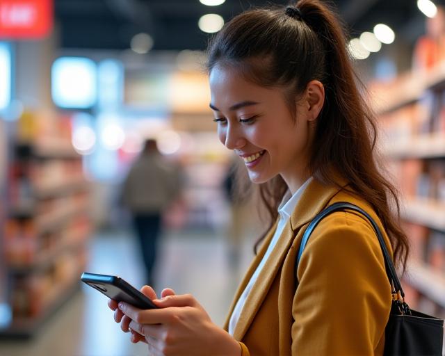 A happy shopper using their phone to check rewards while shopping